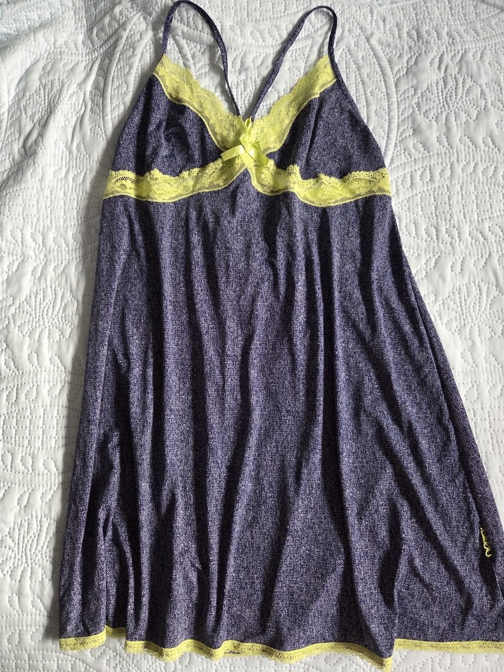 La SENZA Navy Denim Look Chemise with Yellow Lace Trim